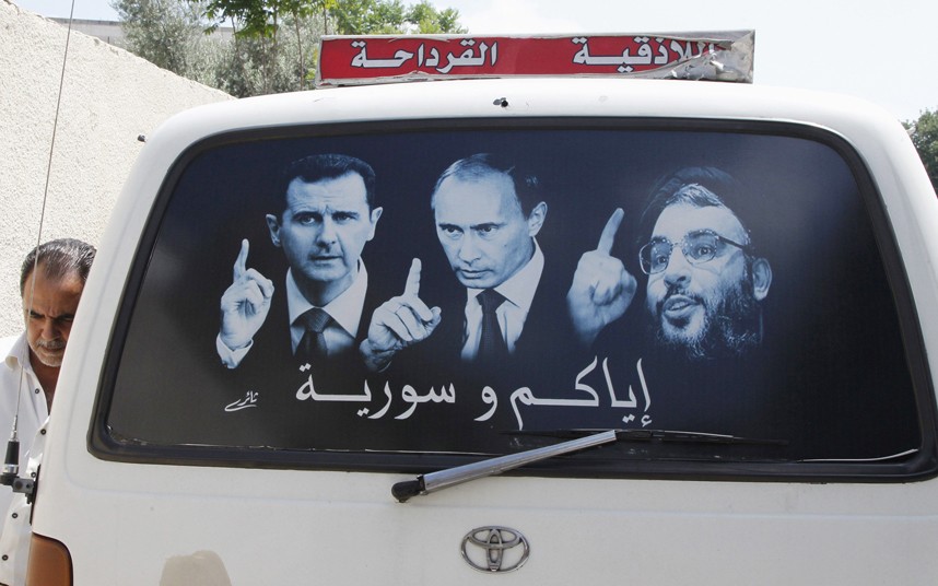 پوستر انتخاباتی اسد، پوتین و نصر الله در سوریه (عکس)