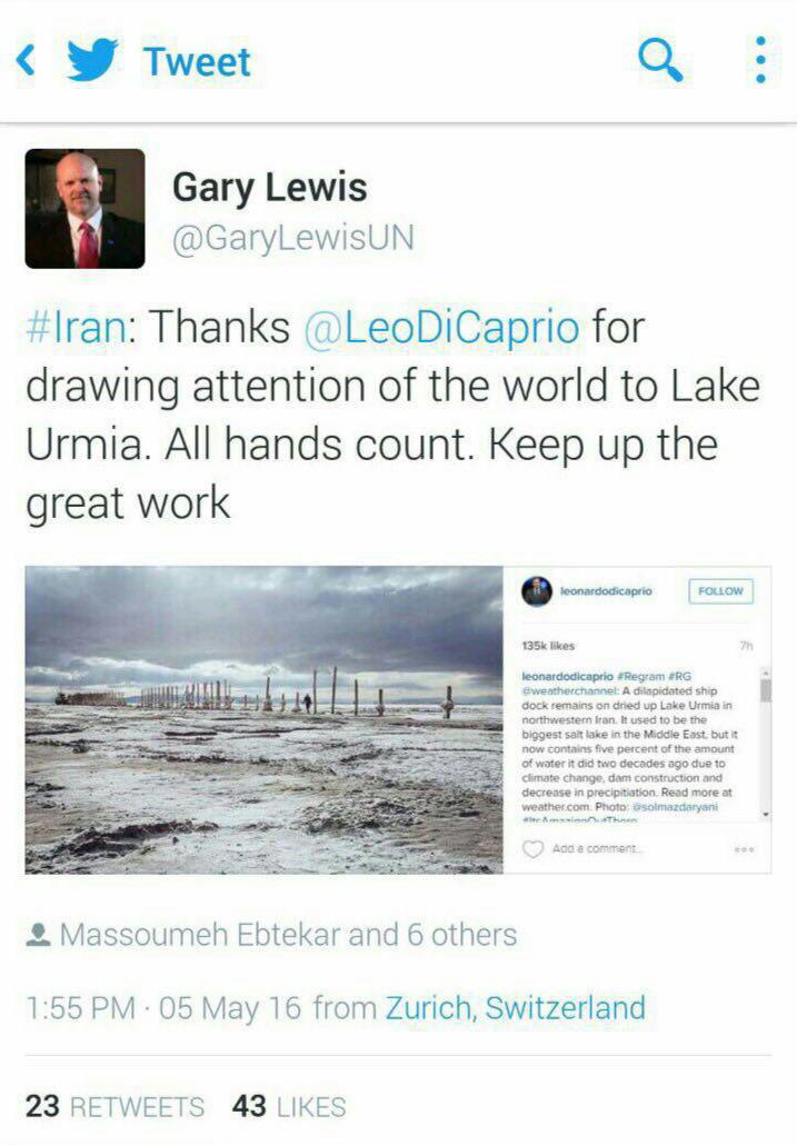 نگرانی ستاره هالیوود برای دریاچه ارومیه/ سازمان ملل تشکر کرد