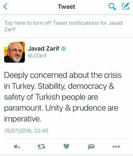 واکنش توئیتری ظریف به کودتای ترکیه: عمیقا نگران هستم