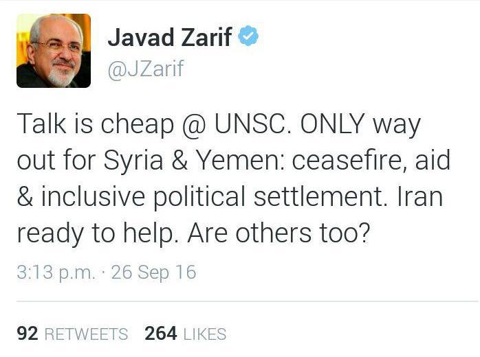 توئیت ظریف: آماده کمک به حل بحران‌های سوریه و یمن هستیم