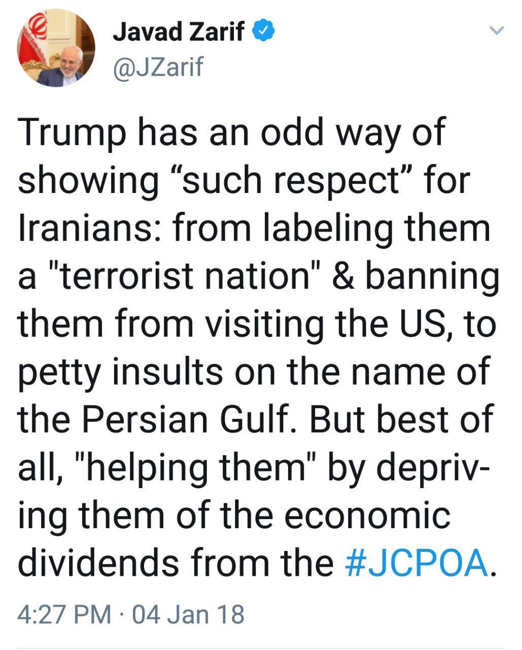 کنایه ظریف: ترامپ «احترام فوق العاده» به مردم ایران می‌گذارد