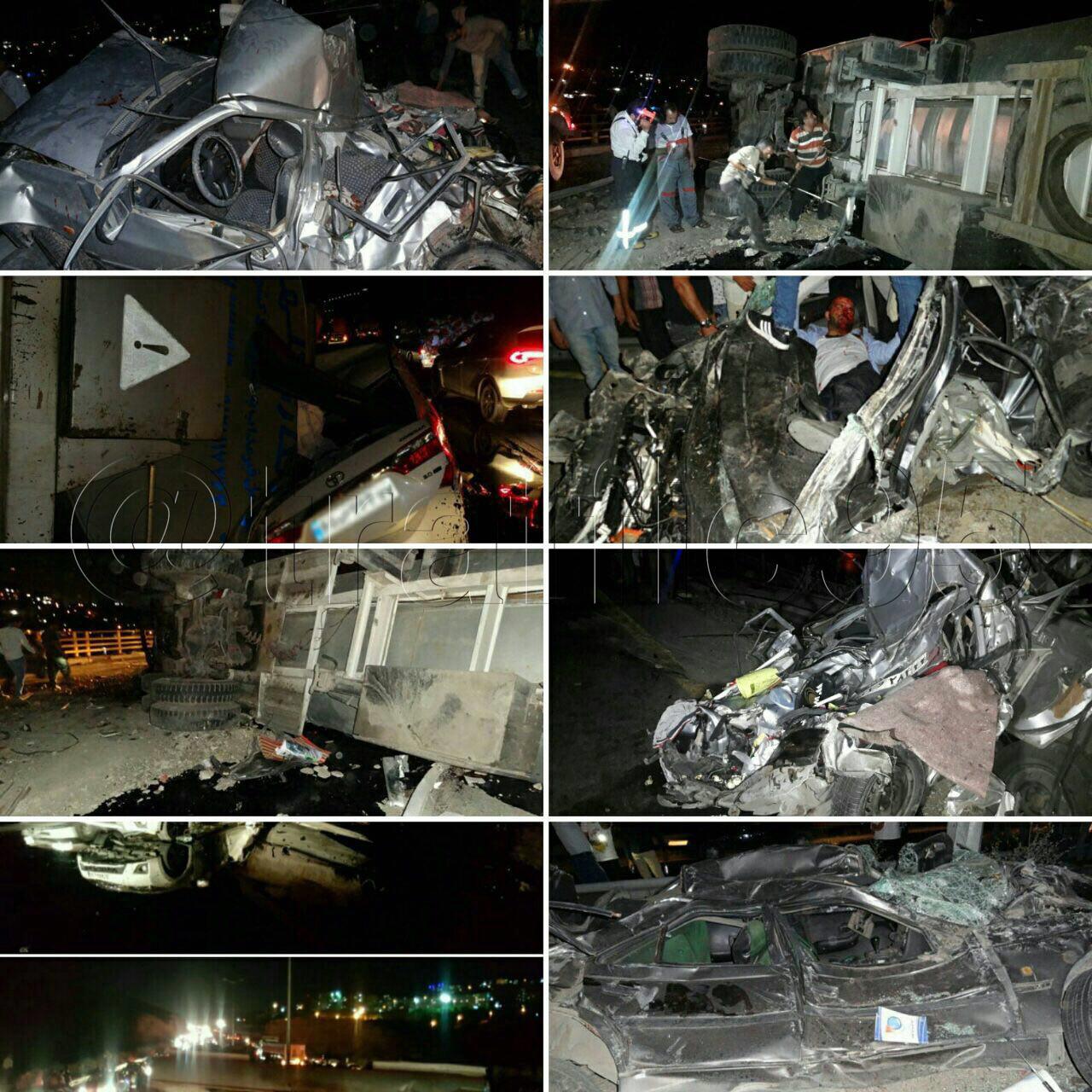 واژگونی تریلر حاوی قیر به علت برخورد با چند خودرو عامل ترافیک سنگین در محور تهران به دماوند (+عکس)