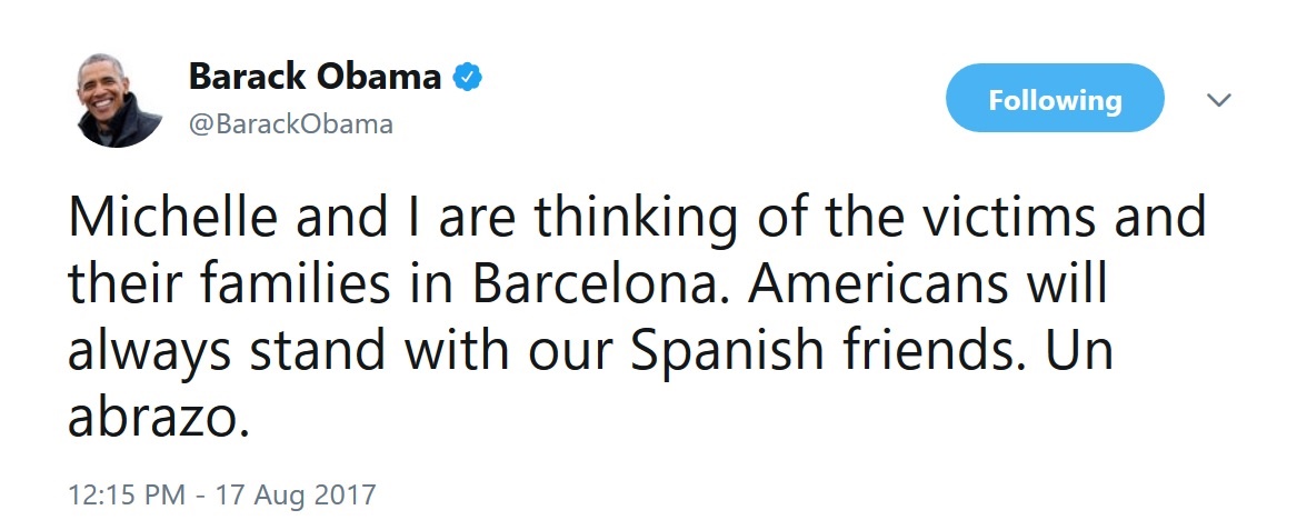 توئیت اوباما درباره حمله تروریستی در اسپانیا (عکس)