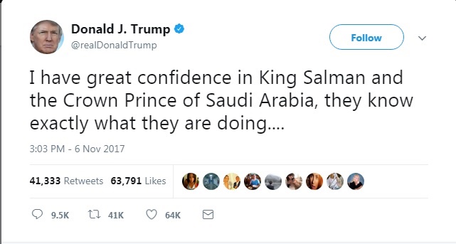 توئیت تازۀ ترامپ دربارۀ وقایع عربستان (عکس)