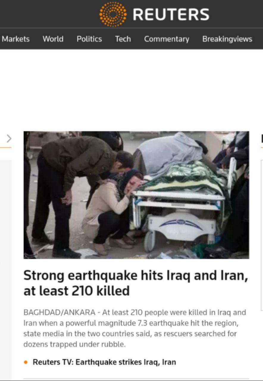 زلزله شدید در ایران و عراق تیتر اول خبرگزاری رویترز (عکس)