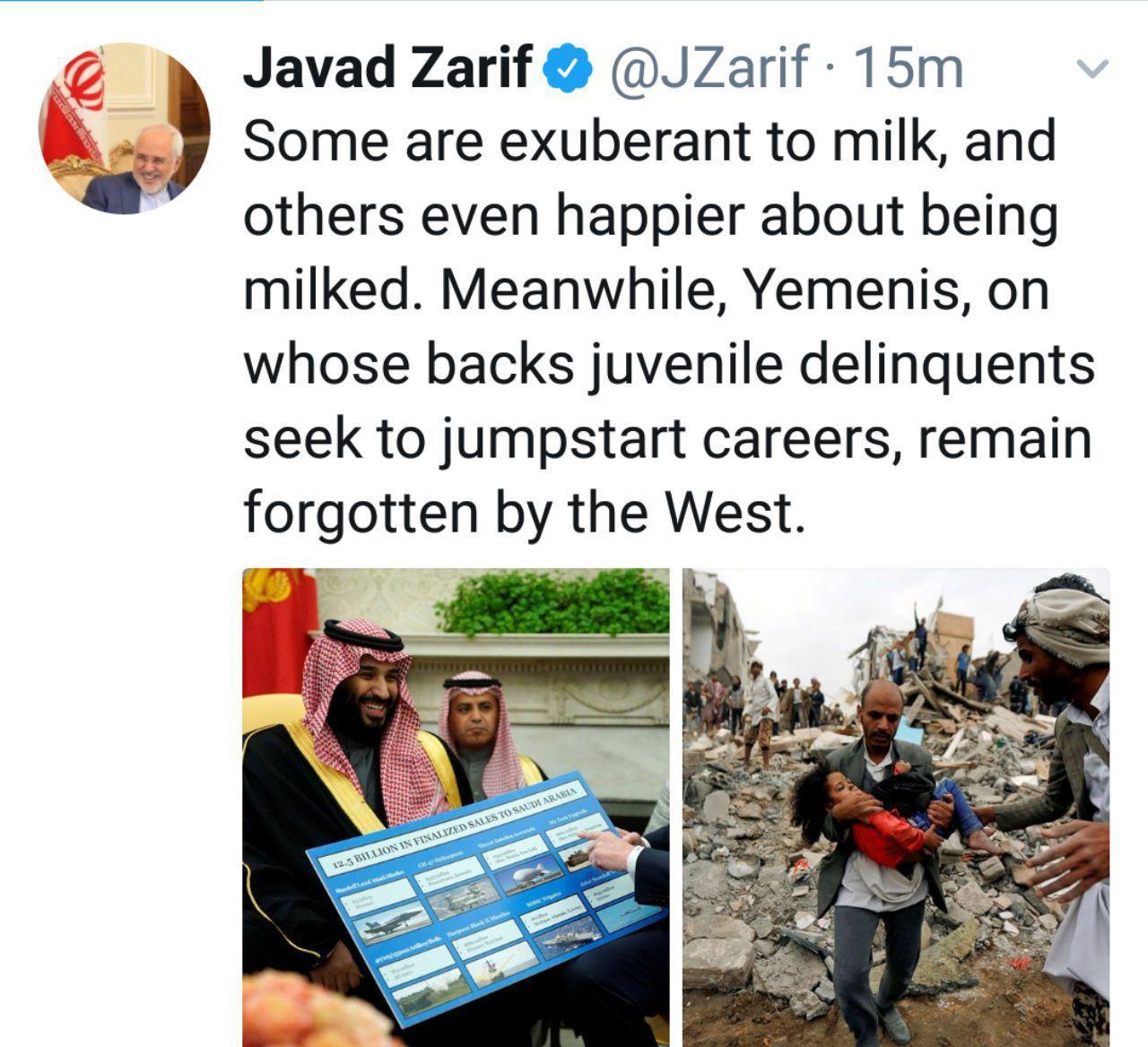 کنایه ظریف به عربستان: برخی از دوشیدن دیگران بسیار خرسند می‌شوند و برخی دیگر حتی خوشحال‌ترند که دوشیده شوند