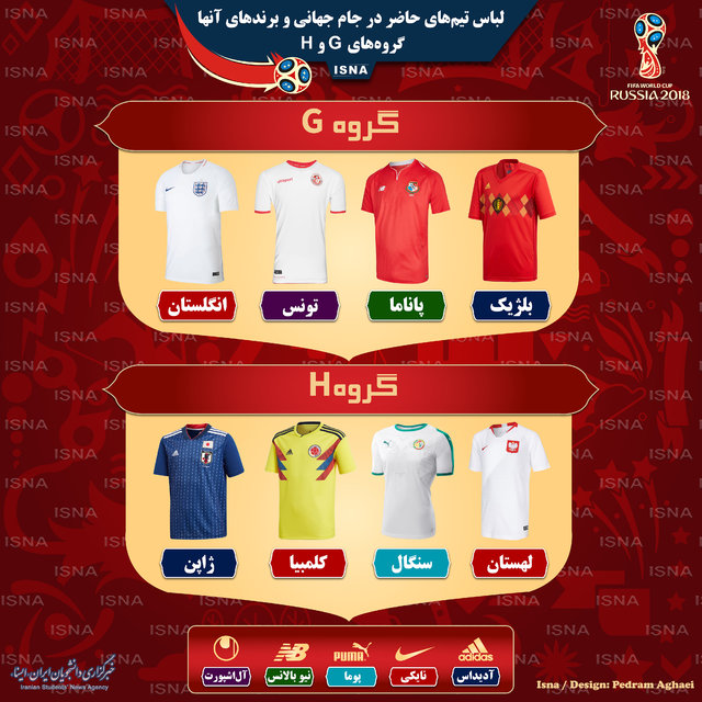 لباس تیم‌های گروه‌های g و h جام جهانی (اینفوگرافی)