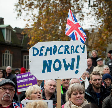 تجمع حامیان خروج انگلیس از اتحادیه اروپا در مقابل پارلمان بریتانیا در اعتراض به آنچه تعلل در خروج این کشور از اتحادیه می دانند