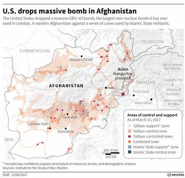 محل اصابت بزرگترین موشک غیراتمی آمریکا به تونل های داعش در افغانستان/ رویترز