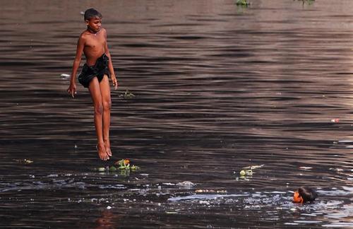 پریدن به داخل رود یامونا برای خنک شدن در گرمای شهر دهلی نو هند