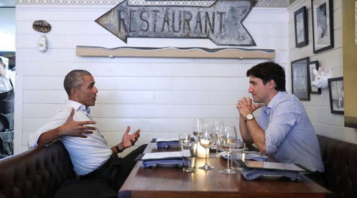 شام مشترک اوباما با نخست وزیر کانادا در رستورانی در شهر مونترال کانادا