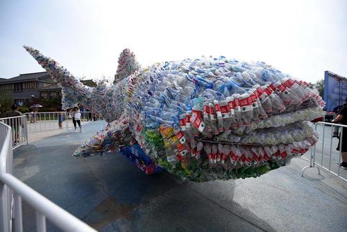 درست کردن یک کوسه بزرگ از ظروف پلاستیکی بازیافتی در میدانی در شهر ریژائو چین