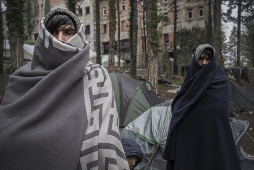 مهاجران افغانستانی و پاکستانی در اردوگاهی در منطقه بیهاج بوسنی در مرز کرواسی