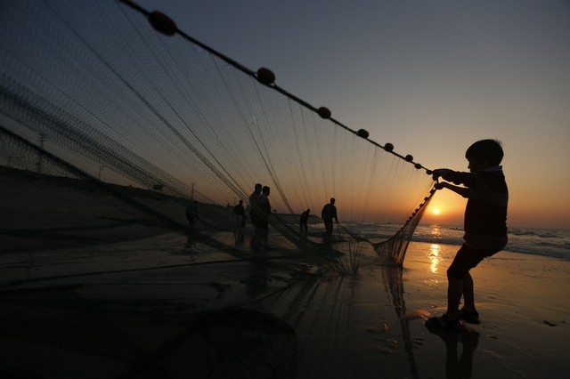 ماهیگیری صیادان در ساحل غزه