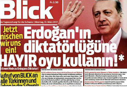 تشدید تنش اروپا و ترکیه؛ تیتر ترکی روزنامه سوییسی: به دیکتاتوری اردوغان رای نه بدهید(+عکس)