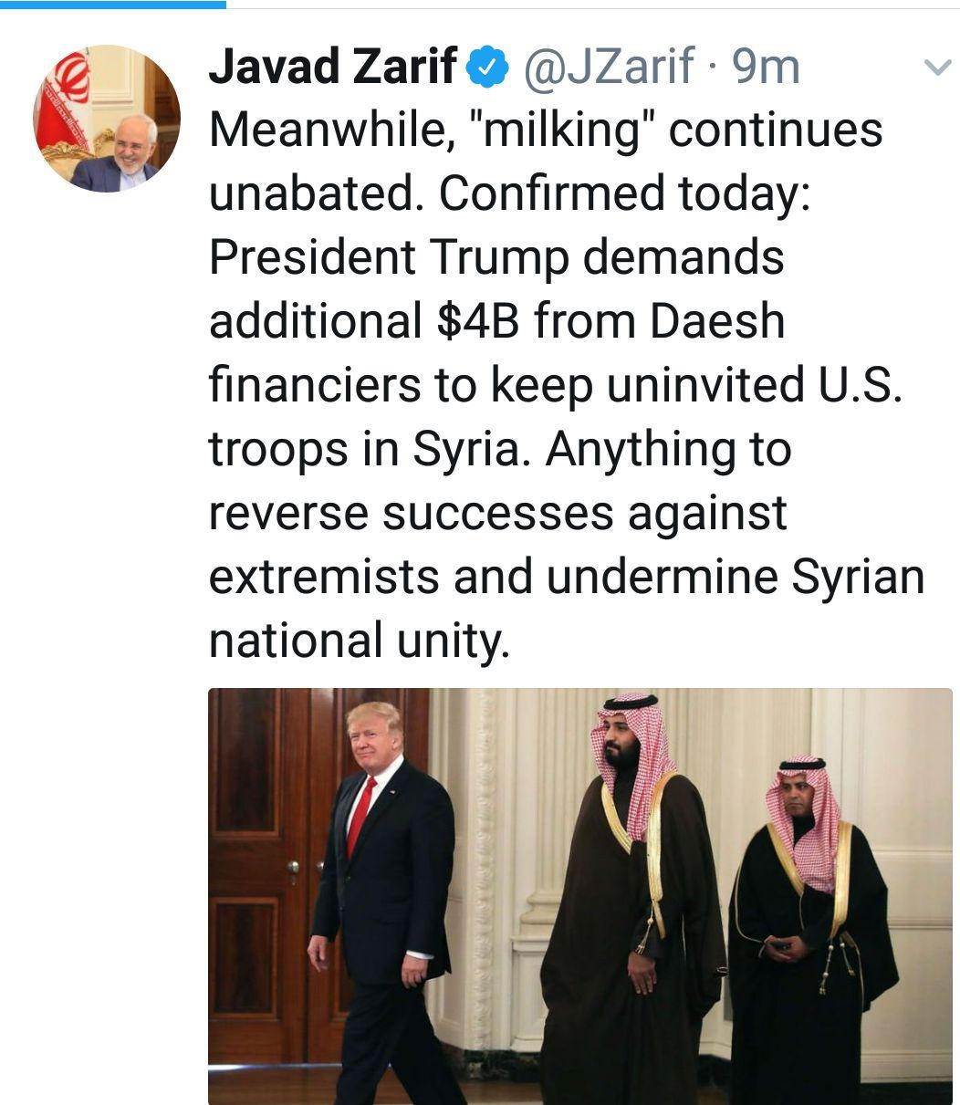 توئیت طعنه&zwnj;آمیز ظریف: دوشیدن عربستان ادامه دارد