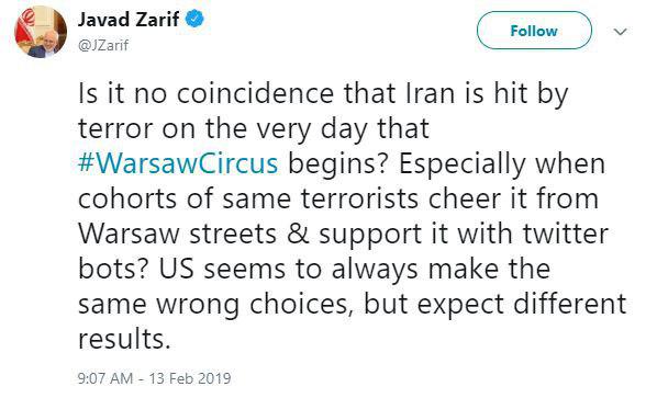 ظریف: اینکه ایران در روز برگزاری سیرک ورشو هدف حمله تروریستی قرار می&zwnj;گیرد، تصادفی است؟