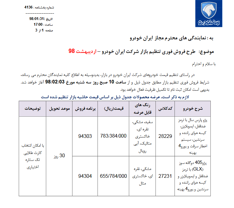 فروش فوری2 محصول ایران خودرو از ساعت 10 صبح فردا 3 اردیبهشت 98 (+جدول و جزئیات)