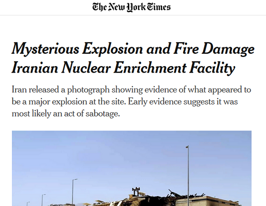 افشاگری نیویورک تایمز درباره علت انفجارهای اخیر/ «حادثه نطنز» خرابکاری بود؟
