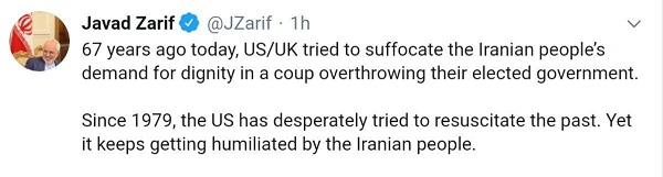 توییت ظریف به مناسبت سالروز کودتای ۲۸ مرداد