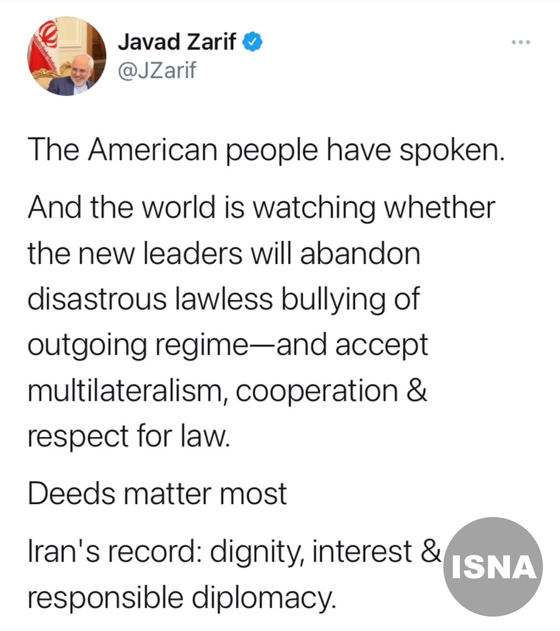 واکنش توییتری ظریف به نتیجه انتخابات در آمریکا