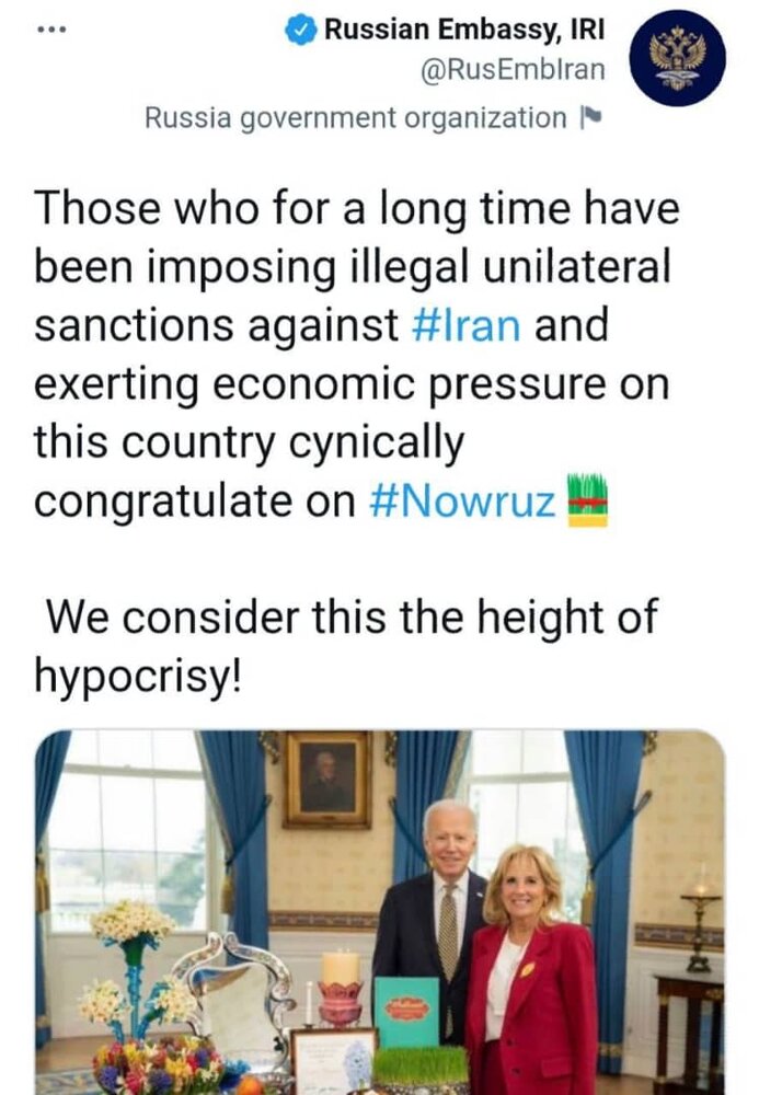 بازتاب انتقادی توئیت سفارت روسیه در تهران علیه پیام نوروزی بایدن