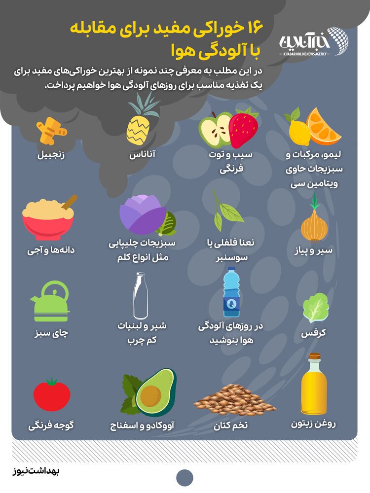 ۱۶ خوراکی مفید برای مقابله با آلودگی هوا (اینفوگرافیک)