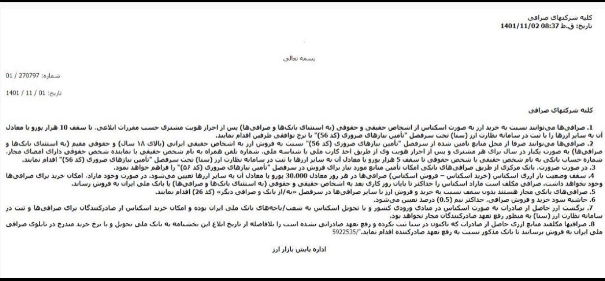 بخشنامه ۸بندی ارزی بانک مرکزی/ خرید و فروش ارز صادراتی در صرافی‌ها ممنوع شد