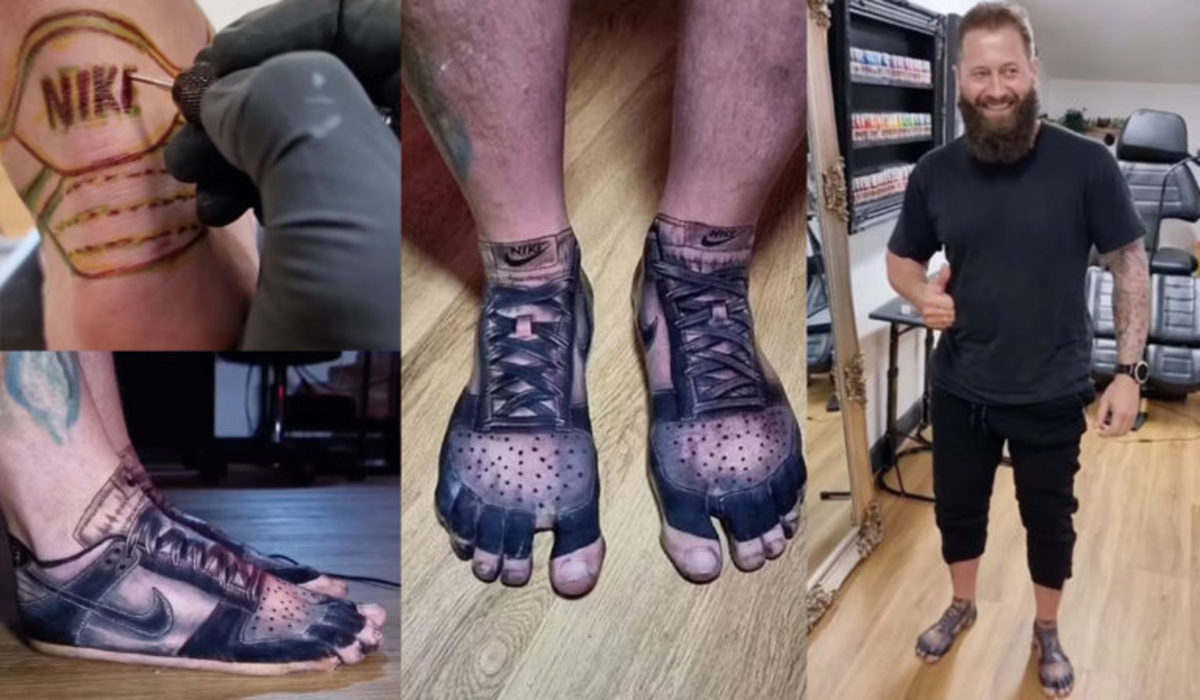 خالکوبی عجیب یک مرد برای صرفه جویی در خرید برند کفش مورد علاقه اش! (+عکس)