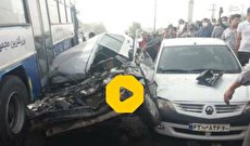 انحراف اتوبوس و تصادف با ۲۰ خودرو در پل حصارک کرج (فیلم)