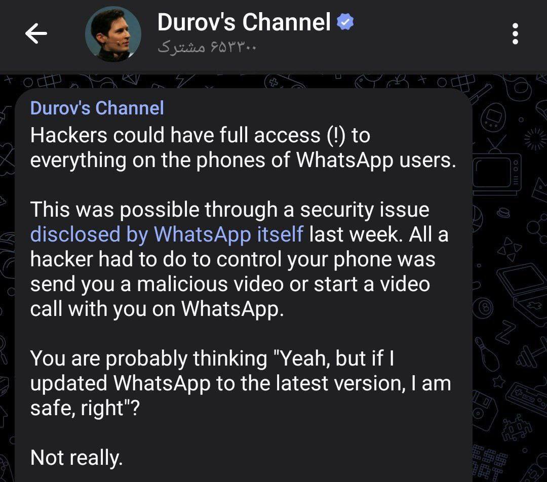 توصیه مدیر تلگرام: واتساپ را حذف کنید؛ ابزار نظارتی است