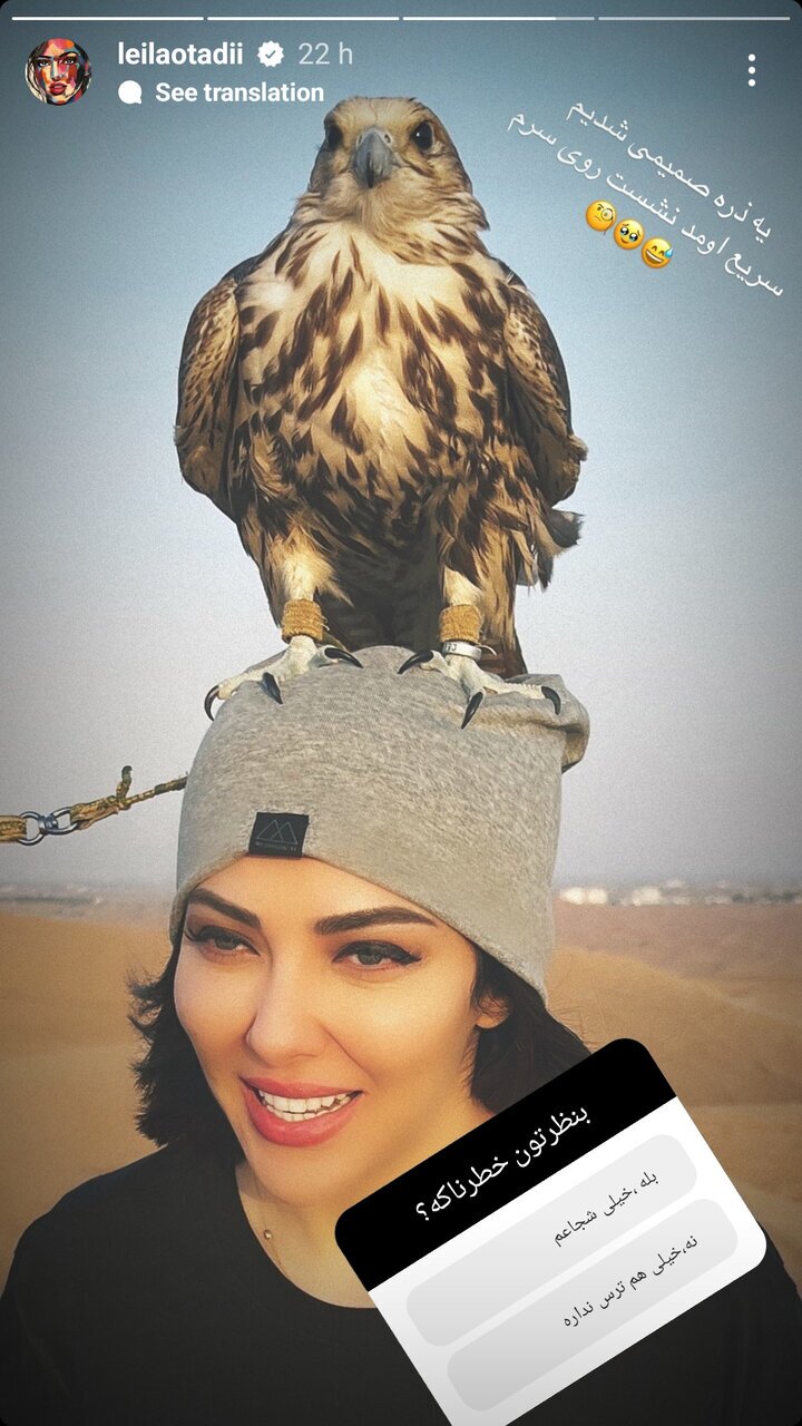 پرنده شکاری بر روی سر لیلا اوتادی بازیگر در دبی (عکس)