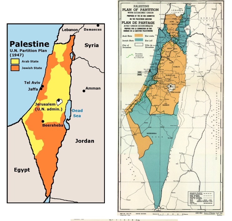 نقشه سازمان ملل متحد برای تقسیم سرزمین فلسطین میان مردم یهودی (برای تشکیل دولت اسرائیل) و مردم عرب (برای تشکیل دولت فلسطین)