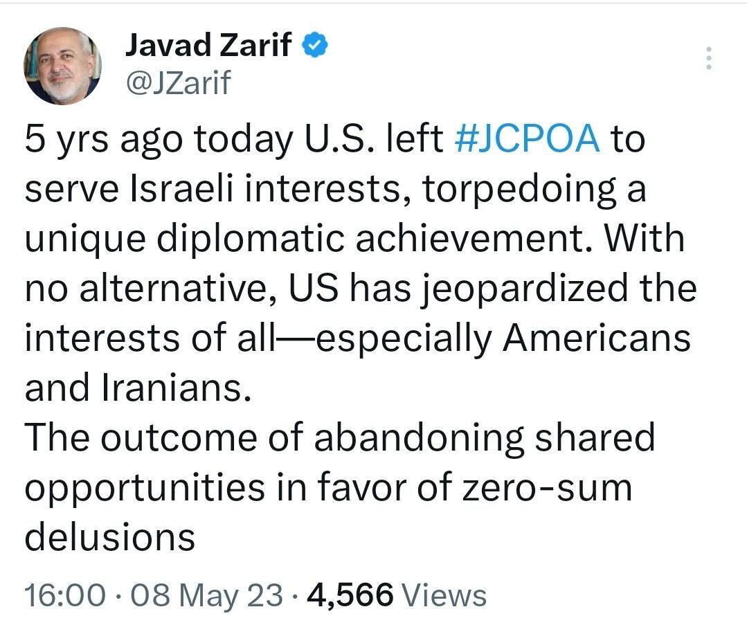 ظریف: آمریکا بخاطر اسرائیل برجام را از بین برد