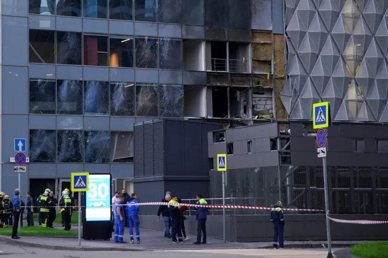 محل اصابت پهپاد اوکراین به ساختمان مرکز مسکو