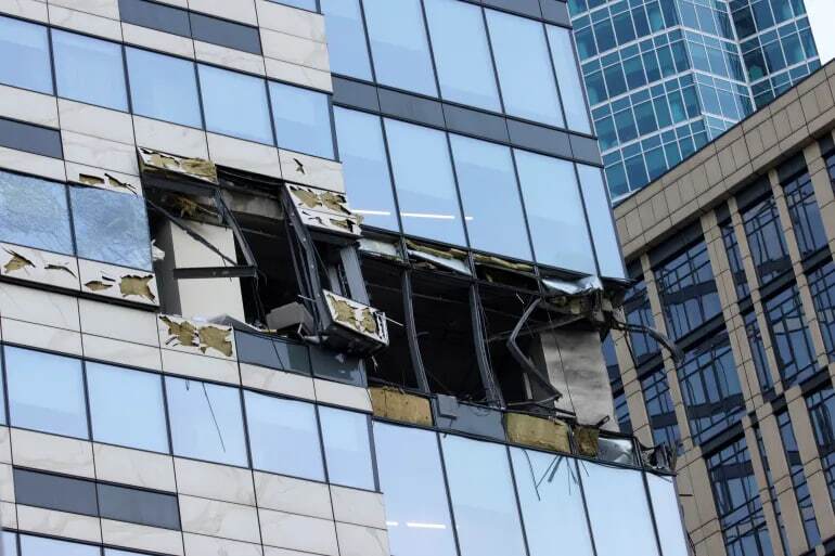 محل اصابت پهپاد اوکراینی به یکی از برج های مسکو سیتی