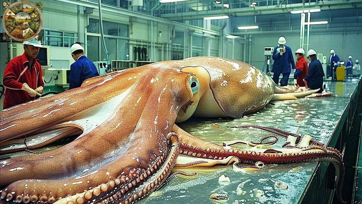 نمایی از صید و فرآوری هزاران تن ماهی مرکب در یک کشتی غول پیکر (فیلم)