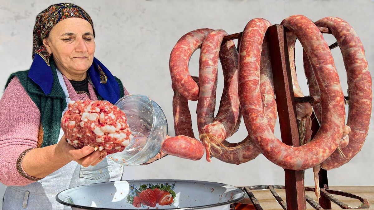 فرآیند تهیه سوسیس خانگی توسط یک خانواده روستایی آذربایجانی (فیلم)