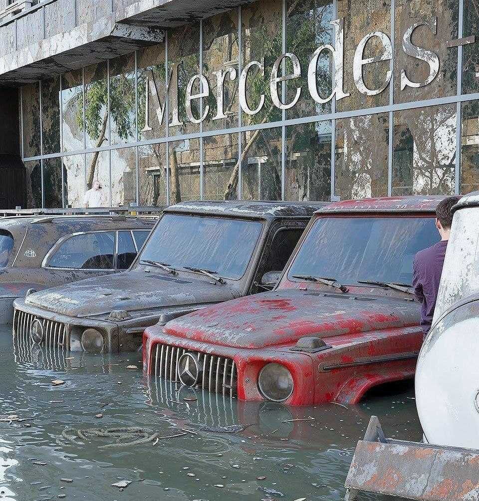 وضعیت خودروهای لوکس در نمایندگی های اتومبیل دبی بعد از فروکش کردن سیل بی سابقه (عکس)