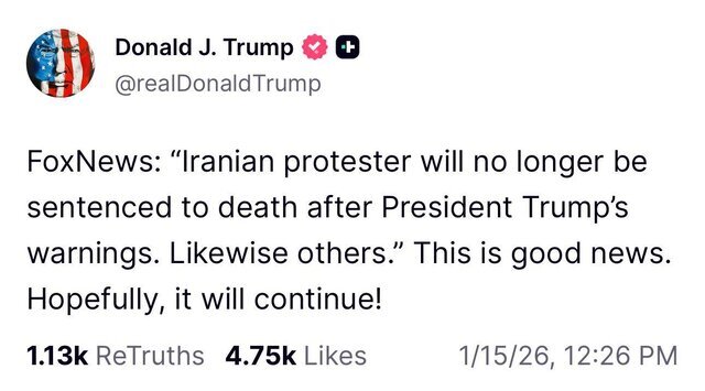 ترامپ: معترضان ایرانی دیگر به اعدام محکوم نخواهند شد