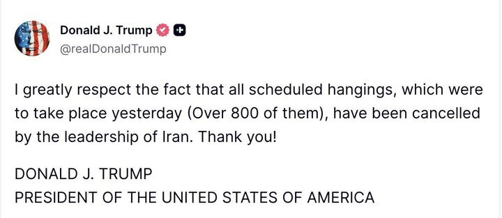 ترامپ: تمام اعدام‌های برنامه‌ریزی‌شده توسط رهبری ایران لغو شده‌اند