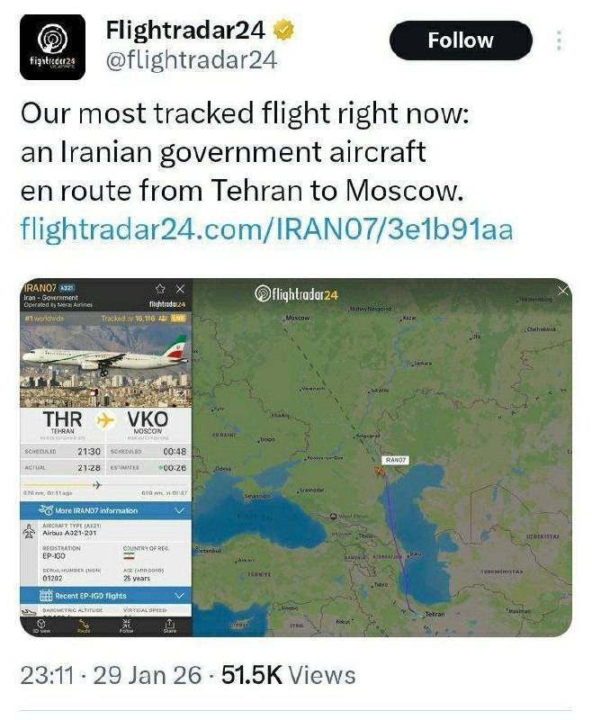 توییت فلایت رادار در مورد سفر مقام ایرانی به مسکو