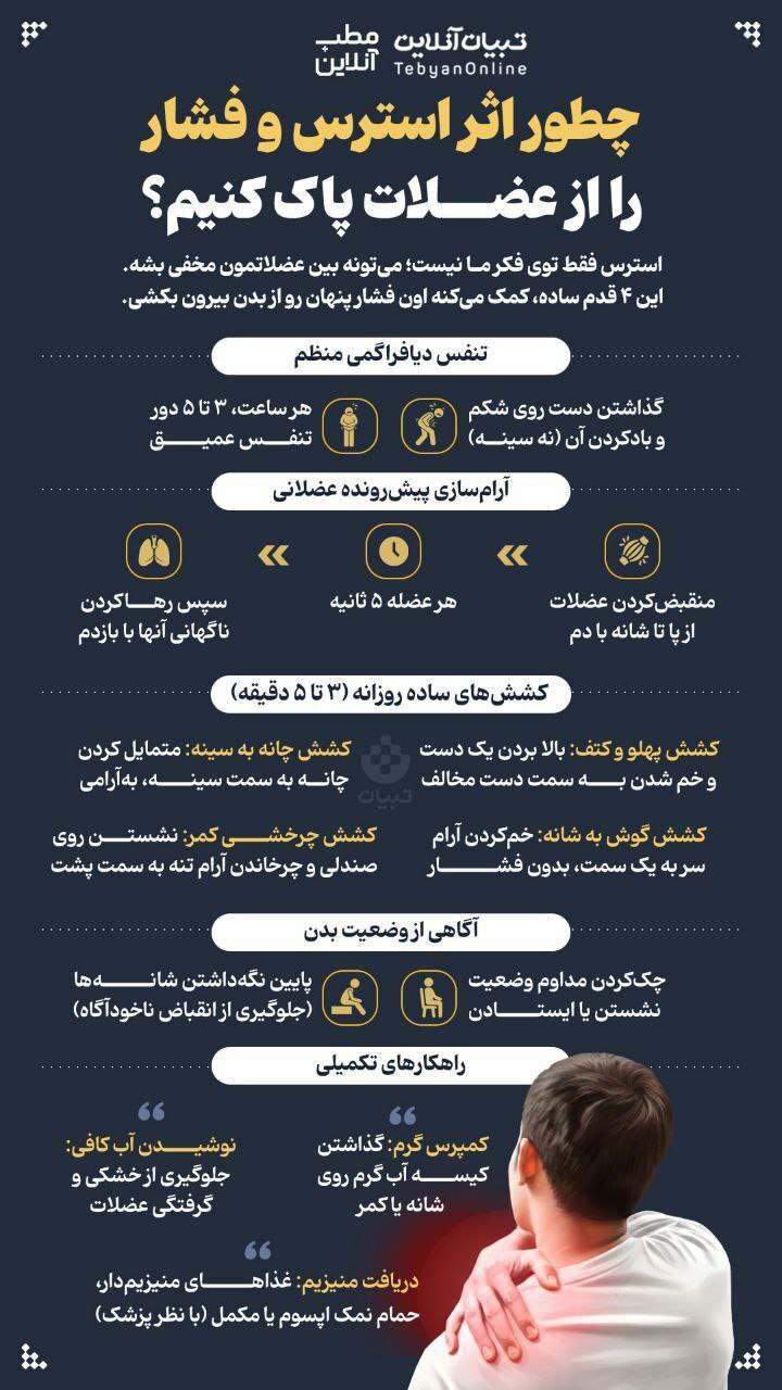 استرس فقط در فکر ما نیست، میتواند در عضلات ما مخفی بماند. استرس فقط در فکر ما نیست، میتواند در عضلات ما مخفی بماند.