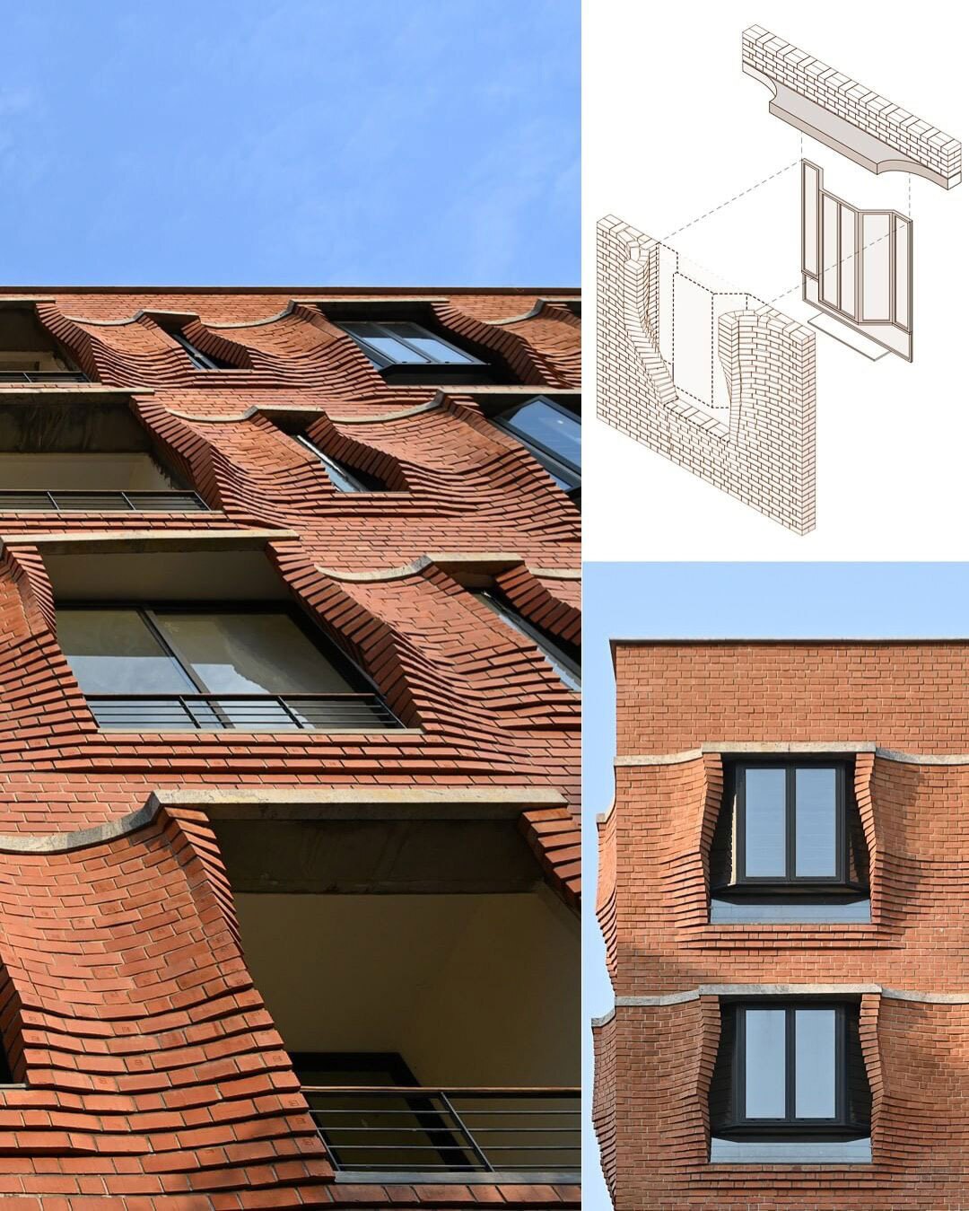 نمای نزدیک از آجرچینی پیش‌آمده و سایه‌بان‌های سنگی آپارتمان‌های سی‌ینا در حیدرآباد هند اثر سمیپ پادورا.