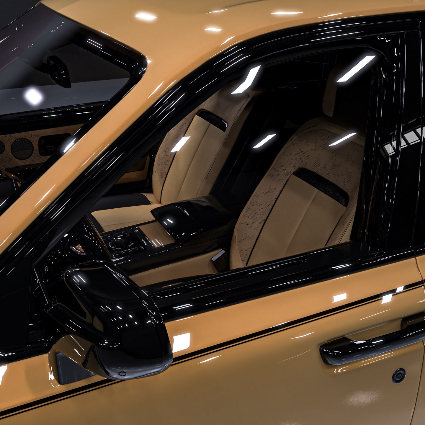 نمای جانبی رولز رویس کالینان ۲۰۲۶ سفارشی با رنگ‌آمیزی طرح ویرجیل ابلو و رینگ‌های ۲۶ اینچی GMST.