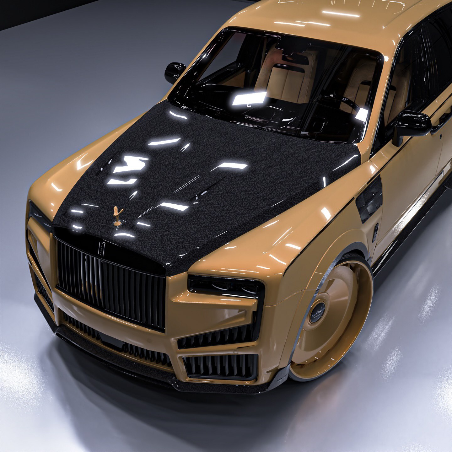 نمای جانبی رولز رویس کالینان ۲۰۲۶ سفارشی با رنگ‌آمیزی طرح ویرجیل ابلو و رینگ‌های ۲۶ اینچی GMST.