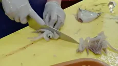 مراحل برش و آماده‌سازی ماهی مرکب برای ساشیمی در کره