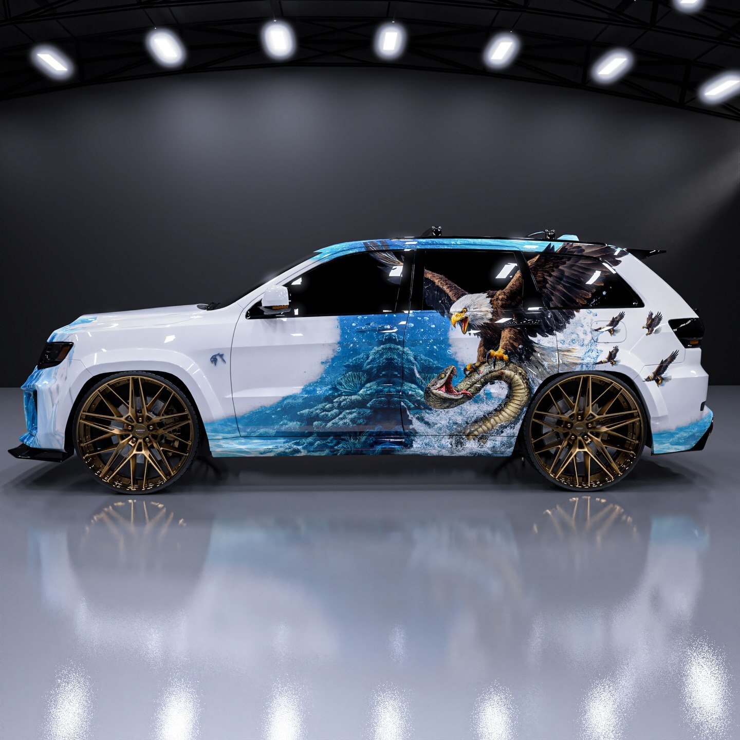 نمای کامل جیپ ترکهاوک با کاور گرافیکی طرح شاهین و رینگهای مسی سفارشی در حال نمایش جزئیات طراحی بدنه. نمای کامل جیپ ترکهاوک با کاور گرافیکی طرح شاهین و رینگهای مسی سفارشی در حال نمایش جزئیات طراحی بدنه.