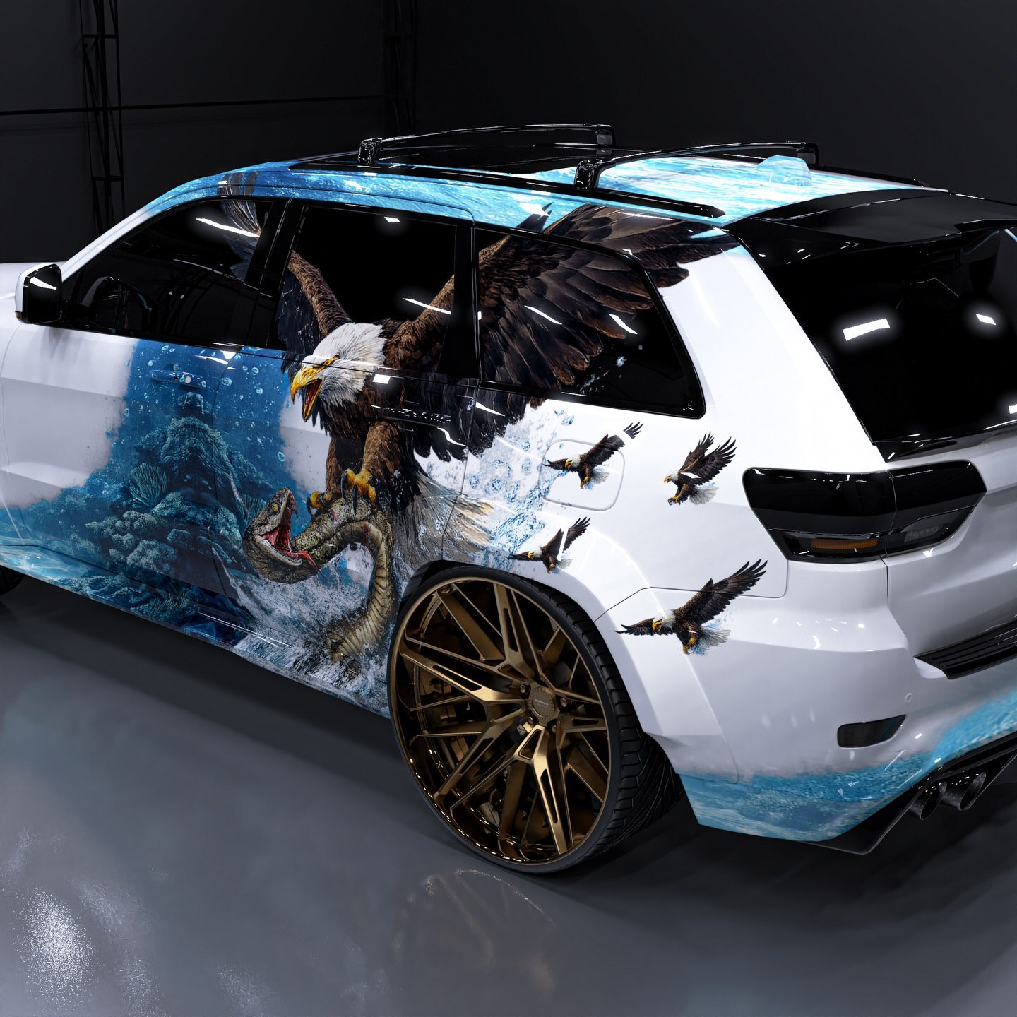 نمای کامل جیپ ترکهاوک با کاور گرافیکی طرح شاهین و رینگهای مسی سفارشی در حال نمایش جزئیات طراحی بدنه. نمای کامل جیپ ترکهاوک با کاور گرافیکی طرح شاهین و رینگهای مسی سفارشی در حال نمایش جزئیات طراحی بدنه.