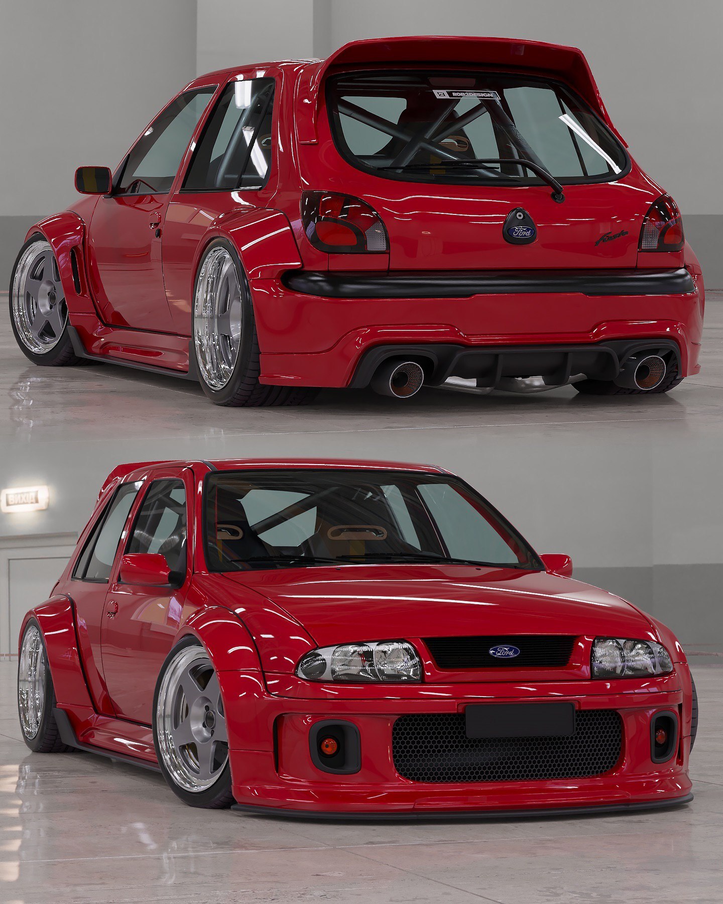 نمای جلویی و جانبی خودروی فورد فیستا مشکی با کیت بدنه پهن، اورفندرهای پیچ‌شده و ارتفاع بسیار کم از سطح زمین.